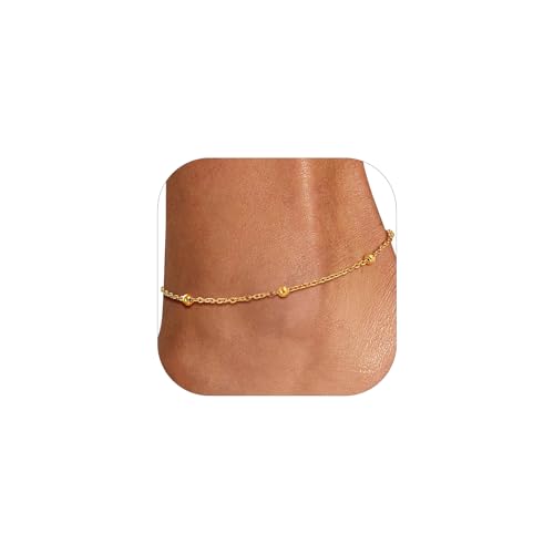 U7 Women Girls Barefoot Jewelry 18K Gold or Rose Gold Stainless Steel Heart/Rope/Figaro/Cuban Chain Anklet Foot Bracelet, 25-30 CM Long - color: Gold Plated-Bead Chain