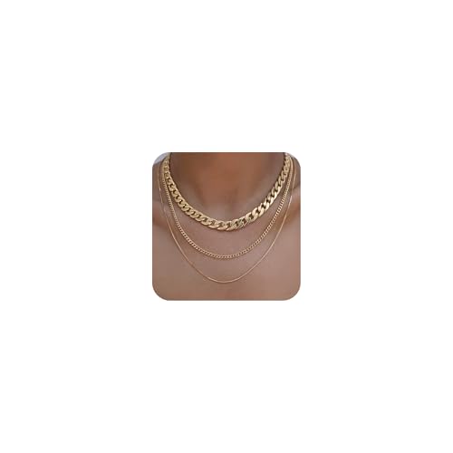 Tewiky Layered Necklaces for Women Non Tarnish- Chunky 14k Gold Plated Herringbone/Snake/Rope/Box/Cuban Link Chain for Women Waterproof Layering Stack Choker Necklace Trendy Dainty Tarnish Free Jewelry Set - color: 3 Chunky cuban/box-Gold