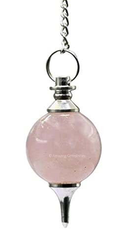 Amazing Gemstone Rose Quartz Crystal Ball Pendulum Necklace - Dowsing Pendulum with Chain and Quartz Bead for Reiki Healing and Meditation - color: Rose Quartz