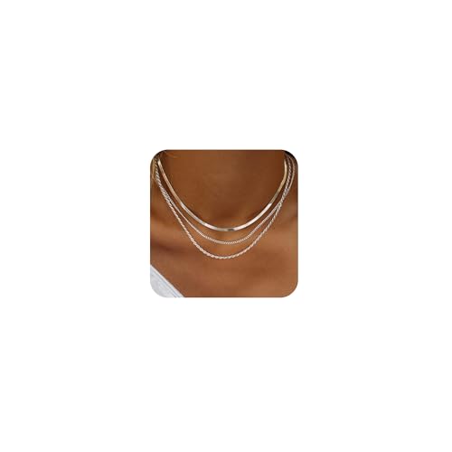 Freekiss Women's Layered Necklace Set - 3 Piece Dainty Gold Jewelry for Everyday Stacking | 14K Gold Plated Snake Chain, Rope Chain, Cuban Chain | Adjustable Length 14-18.5 Inch | Gift Ready - color: Silver, style: 3Snake+Rope+Cuban