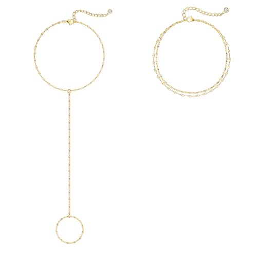 CHESKY 14K Gold Plated Hand Chain Bracelets for Women Set - Dainty Finger Ring Bracelet Stack Adjustable Hand Chains Durable Beaded Bracelets Trendy Simple Body Jewelry Gift for Women - style: 3lips bracelet-gold