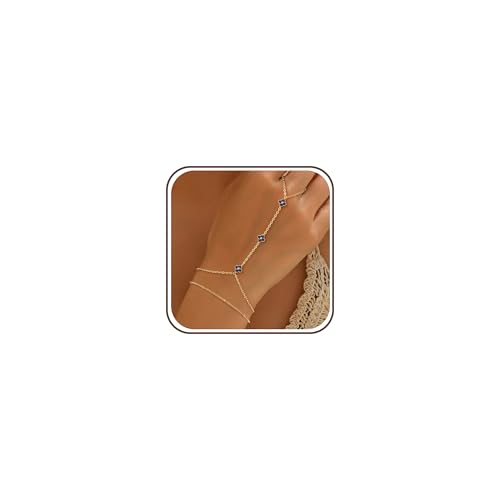 Gold Hand Chain Bracelets for Women Trendy Dainty Birthstone Clover Charm Ring Bracelet Hand Chain Set Non Tarnish 14K Gold Plated Stackable Finger Bracelets for Women Birthday Jewelry Gifts - color: 09. September(Sapphire)