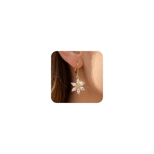 925 Sterling Silver Flower Dangle Earrings for Women, Daisy Flower Dangling Leverback Earrings, Cubic Zirconia Dangly Earring 14k Gold Plated Hypoallergenic CZ Floral Drop Earing for Women Trendy Jewelry Gifts - color: 14K Gold