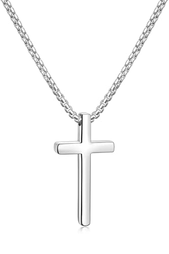 Fiusem Cross Necklace for Men, Silver/Gold/Black Mens Cross Necklaces with 2.5mm Cross Chain and Stainless Steel Cross Pendant, Box Chain 16-24 Inch, Jewelry Gift - size: 22.0 Inches, style: Small silver cross: 1.2" * 0.7"