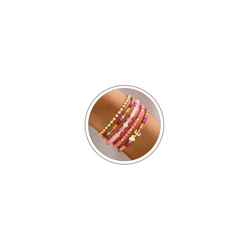Turandoss Mothers Day Gifts for Daughter Teen Girls Kids - 5PCS 14K Gold Plated Dainty Beaded Bracelet Set Stack, Colorful Letter Charm Stretch Bracelets Beads Ball for Teen Daughter Jewelry Gifts - color: E