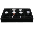 Jewelry Watch Tray, Black Velvet Watch Jewelry Organizer 12 Grid, Stackable Watch Bracelet Bangle Display Holder, Adjustable Pillows, for Man Woman Show Birthday - color: Black