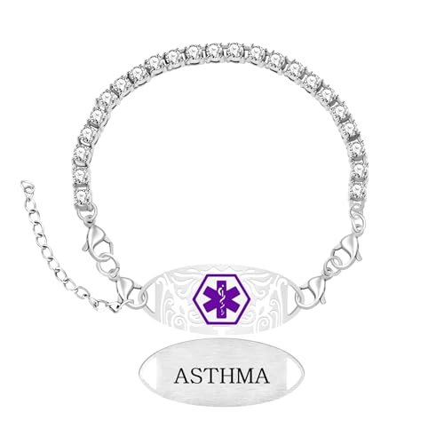 Women's Medical ID Bracelet with White Zircon Tennis Chain, Interchangeable Engraved Plate, Adjustable Lobster Clasp, Lightweight, Hypoallergenic, for Running, Outdoor, Daily Wear - color: Purple-ASTHMA