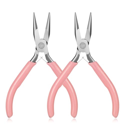 Mini Needle Nose Pliers Set, 2Pcs Needle Nosepliers for Jewelry Making, Pink Jewelry Chain Nose Plier, Small Craft Plier with Smooth Jaw and Comfort Grip Handle for Wire Bending Object Grasping - color: Pink