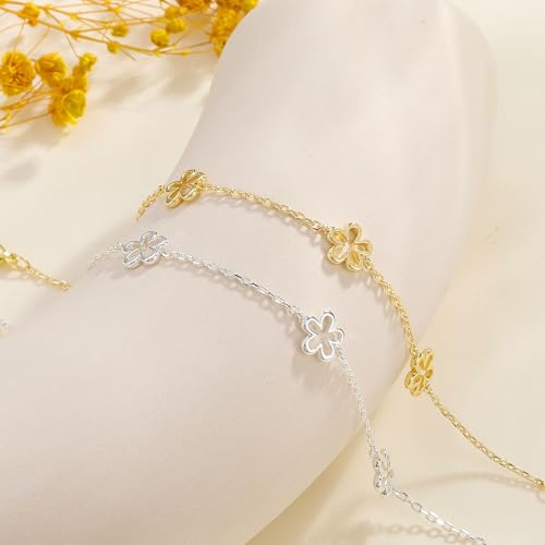 KOHOTA Silver Gold Bracelets for Women Trendy 14K Gold Plated Bracelet for Women Non Tarnish Dainty Stackable Clover Flower Heart Butterfly Diamond CZ Charm Station Bracelets Stack Jewelry Gifts - color: B: Flower-Silver
