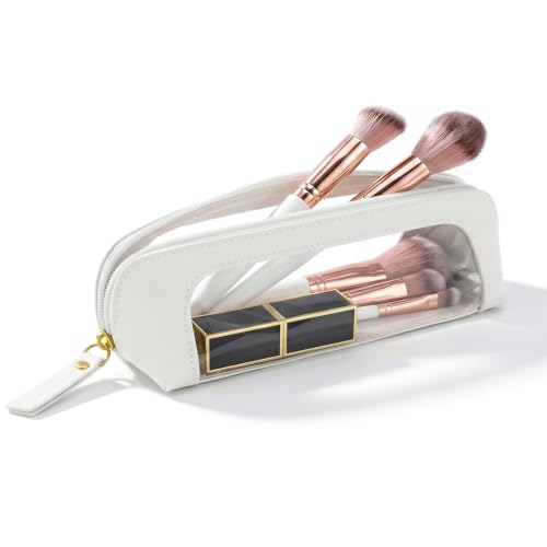LETGO Clear Travel Makeup Brush Bag, Leather Portable Makeup Brush Bag Organizer Pouch Lipstick Bag Transparent Waterproof Makeup Bag Car Orangizer Storage Bag for Women (Slim Beige) - color: Slim Beige