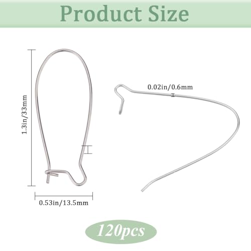 1 Box 120Pcs Kidney Wire Earring Hooks Silver Earring Wires Stainless Steel U Shaped Ear Wires Teardrop Dangle Drop Long Earring Findings for Jewelry Making Supplies DIY Craft Women Beginner - size: 33x13.5x0.6mm