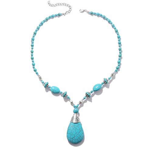 Boho Turquoise Long Beaded Necklace Natural Stone Pendant for Women Vintage Ethnic Alloy Turquoise Western Pendant Jewelry-A
