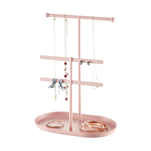 Saydear Elegant Jewelry holder Organizer 2-Tier Display Storage Stand for Earrings Necklaces with Ring Tray Spacious and Durable, Easy to Assemble Pink - color: Pink