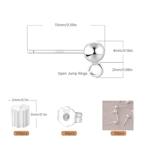50PCS Silver Ball Earring Posts Hypoallergenic Earring Studs Ball Ear Pin with 925 Sterling Silver Post for DIY Jewelry Making Findings - color: B Style-Silver Smooth Ball