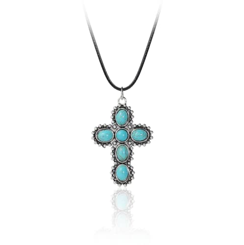 Pingyongchang Natural Turquoise Necklace Boho Bead Silver Cross Vintage Statement Pendant Necklace Handmade Turquoise Western Necklaces Jewelry for Women - color: Cross