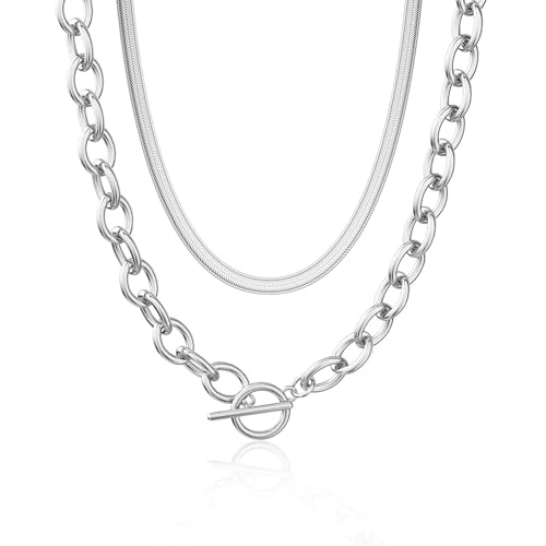 CHESKY 14K Gold Plated Chunky Necklace for Women, Trendy Paperclip Chain Necklace Thick Cross Heart Pendant Necklace Layered Herringbone Cuban Link Chain Toggle Necklaces Non Tarnish Jewelry - color: silver, style: paperclip+herringbone
