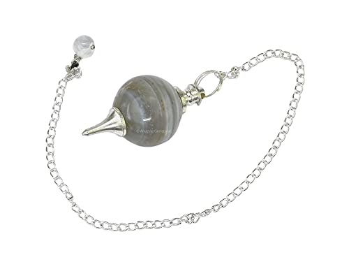 Amazing Gemstone Lace Agate Crystal Ball Pendulum for Divination - Dowsing Pendulum Necklace with Chain and Quartz Bead for Reiki Healing and Crystal Grid Meditation - color: Lace Agate