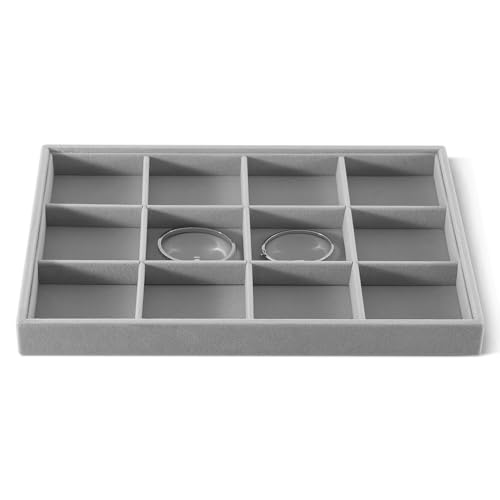 Velvet Stackable Jewelry Display Tray, 12 Grid Watch Bangle Bracelet Storage Tray, Makeup Drawer Insert Jewelry Shop Organizer Plate (Gray) - color: Grey, size: 12 Slot Watch Bangle Bracelet Tray