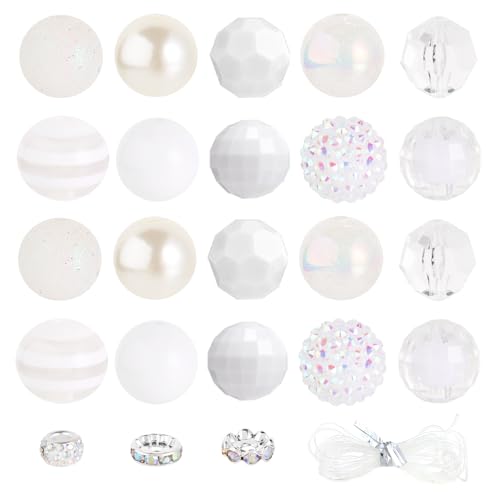 35 Pcs Chunky Bubblegum Beads 20mm Focal Pen Large Rhinestone Pearl Bead with Rhinestone Large Hole European Spacer Bead for DIY Beadable Pen Jewelry Making Keychain Craft Making(White) - color: White
