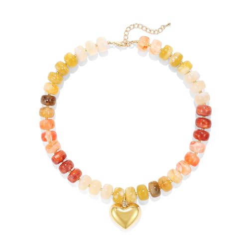 Chunky Heart Necklace for Women, Colorful Acrylic Beaded Statement Puff Heart Necklace, Cute Boho Y2K Choker Necklace for Gift Jewelry - color: Coral-color