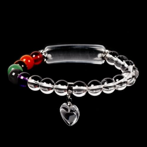 Justinstones Gem Semi Precious Gemstone Love Heart Charm Stretch Beaded Bracelet Unisex - color: Clear Quartz(7 Chakra)