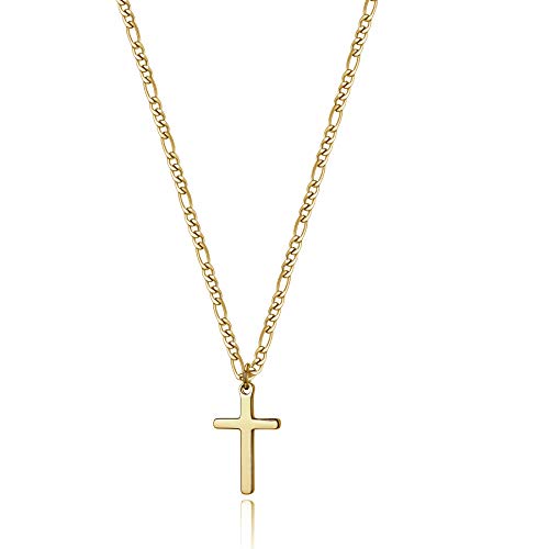 Joxevyia 14K Gold Filled Cross Necklace for Men Figaro Chain Stainless Steel Polished Cross Pendant Necklace Simple Baptism Faith Jewelry Gift - size: 16 inches, style: small cross pendant(1.0"*0.6")