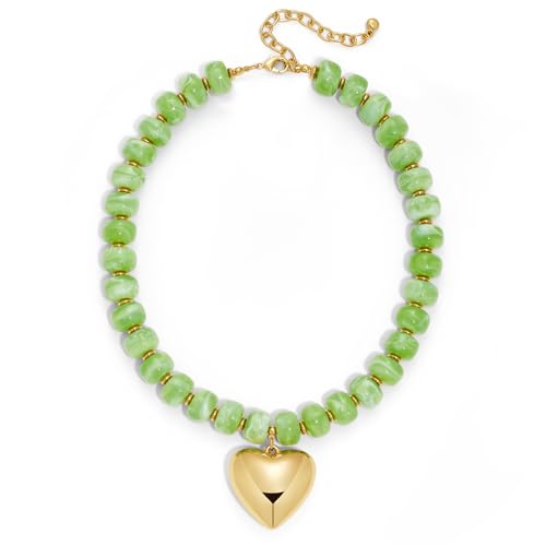 Gold Heart Pendant Necklaces for Women Colorful Acrylic Resin Beaded Choker Necklace Fashion Chunky Statement Beaded Heart Necklace - color: Green