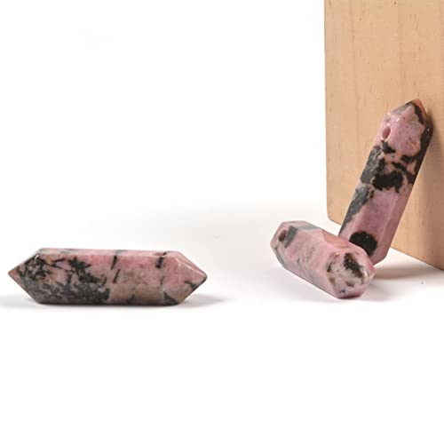 Matrix Rhodonite 32mm Natural Gemstone Hexagonal Wand Jewelry Making Crystal Pointed Chakra Reiki Healing Beads 2mm Hole Drilled(Pack of 10) - color: Matrix Rhodonite