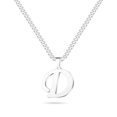 LUXEJEW Initial A-Z Letter Necklace for Men Boys Women, Stainless Steel Cuban Link Chain Letter Pendant Necklaces Capital Monogram Necklace Jewelry Gifts for Men 20+2 Inches - color: Silver, size: Letter D