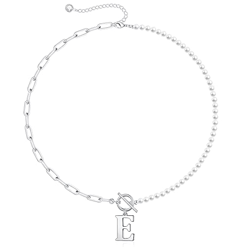 Yoosteel Pearl Initial Necklace for Women, Dainty Pearl Chain Choker Initial Necklaces for Women Toggle Clasp Paperclip Link Chain Necklace Jewelry Gifts - color: Silver, style: E