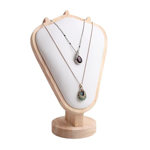 TANG SONG 8.27" Natural Wooden Base Leather Soft Mat Necklace Display Stand Jewelry Organizer Holder (Natural-White) - color: Natural -White