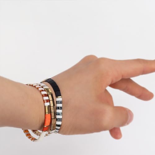 Tila Beaded Stretch Strand Bracelets for Women, Cute Boho Stackable Handmade Colorful Mixed Flat Square Beads Elastic Beach Surfer Bracelet Trendy Jewelry Friend Gift - color: 0901L
