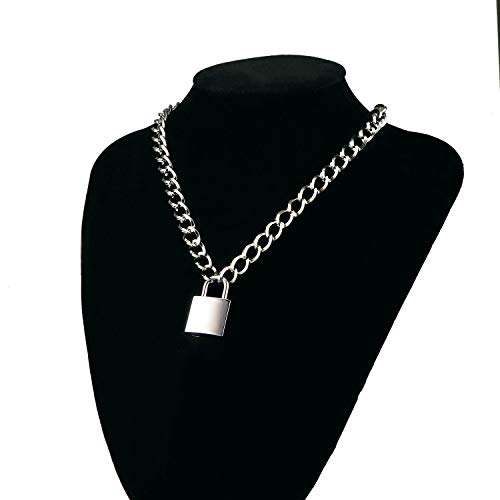 DIBOLA Padlock Necklace Stainless Steel Lock Chain for Men Women Silver 18-24 inch - color: Silver3