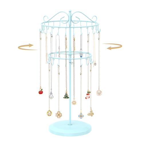 MODOWEY Rotating Necklace Holder Organizer Display Stand with 42 Hooks, 2 Tier Adjustable Metal Tree for Long Necklace Hanger Selling, Tall Spinning Bracelet Storage Rack for Men Women, Blue - color: Blue, size: 2 Tier