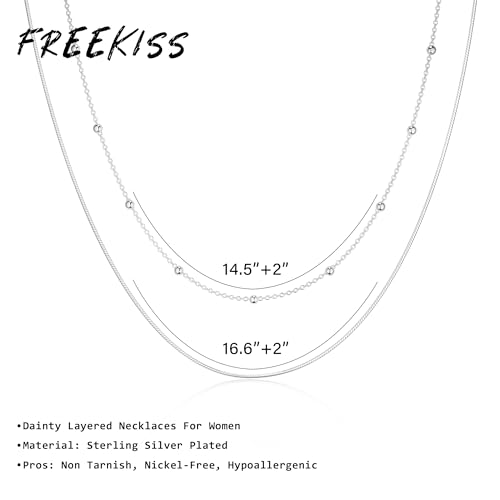 Freekiss Women's Layered Necklace Set - 3 Piece Dainty Gold Jewelry for Everyday Stacking | 14K Gold Plated Snake Chain, Rope Chain, Cuban Chain | Adjustable Length 14-18.5 Inch | Gift Ready - color: Silver, style: Layer Beaded Choker+1.5mm snake