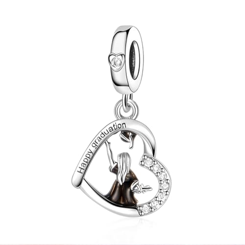 Love Family Friendship Graduation Mothers Nurses Day S925 Bead Pendant Charms for Pandora Bracelets Necklaces, Gifts Women, for Anniversary Birthday Valentines Day Christmas, Silver Gold - style: Grad-Happy Graduation Heart Charm