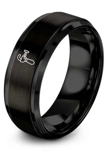 Chain Tool Ring - Gift for Cyclist - 8mm - Band - Gunmetal Black Silver - Personalized Custom Engraving - Men Women - Anniversary Engagement Wedding - Tungsten Carbide - Flat Dome Bevel - color: 07 - Black Tungsten