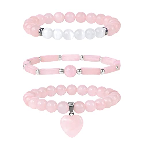Vinswet Healing Crystal Beaded Bracelets for Women,Natural Amethyst Gemstones Bracelet,Anxiety Stress Relief Heart Charm Bracelet Handmade purple Jewelry Gifts for Women - color: Rose Quartz&Moonstone
