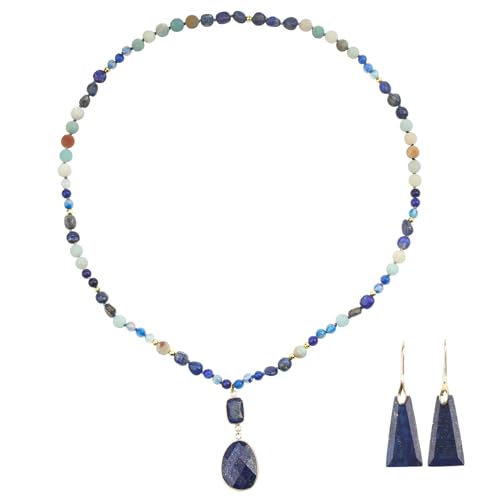 2 Pcs Boho Lapis Lazuli Jewelry Set for Women - Handmade Natural Stone Beaded Long Necklace with Oval Lapis Lazuli Pendant & Trapezoid Lapis Lazuli Earrings | Vintage Elegance | Ideal Gift for Her - style: Lapis Lazuli Pendant