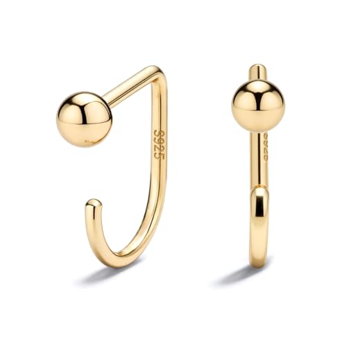 925 Sterling Silver 14K Gold Plated Huggie Half Hoop Earrings — Sleep-Friendly Poke-Free Hypoallergenic Stackable Earring — Comfortable & All Day Wear - color: Ball-Yellow Gold
