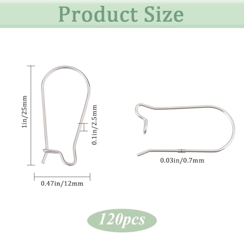 1 Box 120Pcs Kidney Wire Earring Hooks Silver Ear Wires Stainless Steel Drop Long U Shaped Hoop Earwires Teardrop Dangle Earring Findings for Jewelry Making Supplies DIY Craft Women Beginner - size: 25x12x2.5mm