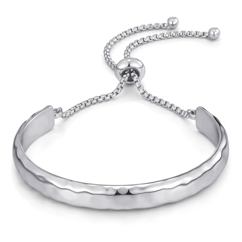WOWORAMA Adjustable Slider Bracelets for Women Bar Friendship Bangle Bracelet for Women Gold/White Gold/Rose Gold Bolo Bracelet - color: Hammered Bar-White Gold