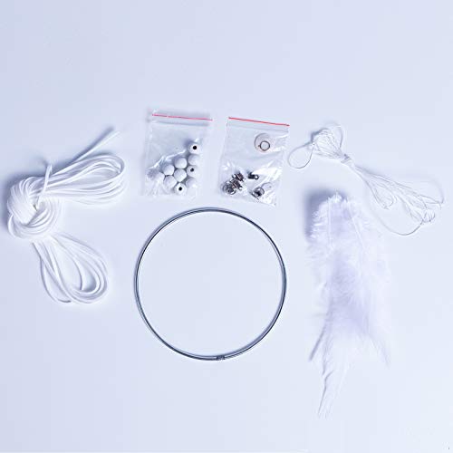 DIY Dream Catcher Beginner Kit, Making Dream Catcher Supplies Include Metal Hoop, Feathers, Faux Suede Cord, Thread, Wood Beads (White) - color: White