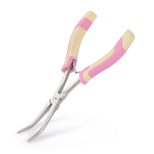 Mini Long Reach Needle Nose Pliers, 7 Inches Straight/Bent Small Long Nose Pliers with Comfort Handle for Wire Wrapping, Electronic Repair, Jewelry Making - color: Bent Long Needle Nose Pliers - Pink