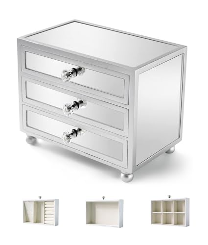 Gifturbo 3 Layer Mirrored Glass Jewelry Box, Large Capacity Women's Storage Box with Velvet Interior and Crystal Handle - color: Mirror