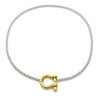 18K Gold Plated Buckle Necklace with Heavy Screw Anchor Shackle Wheat Chain Two Tone Carabiner 17.7 Inch Stainless Steel Foxtail Chain - color: Silver necklace with gold clasp
