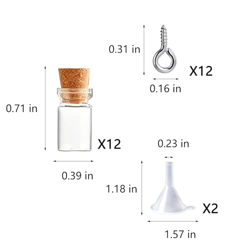12 Sets Mini Glass Bottles with Cork Tiny Vials and Jars Miniature Bottle Charms with Eye Screws and Small Funnel Small Necklace Jar Accessories and DIY Keychain Craft Supplies(1ml)