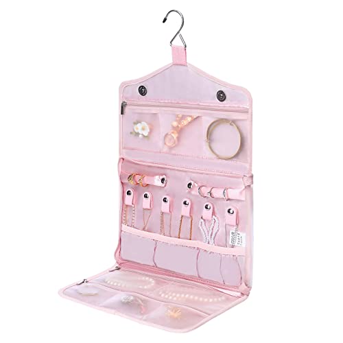 MOSISO Hanging Travel Jewelry Organizer Case, Foldable Portable Jewelry Organizer Bag with Hook & Handle for Necklace, Earrings, Rings, Bracelets and Daily Jewelries Carrying, Pink