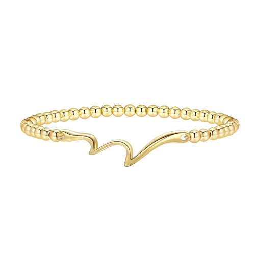 Mothers Day Gifts - Beaded Bracelets for Women 14K Silver Gold Plated Stretch Handmade Ball Bracelets Cute Charm Bracelet Dainty Stackable Cross Heart Bow Wave CZ Circle Trendy Jewelry Easter Gifts - color: wave