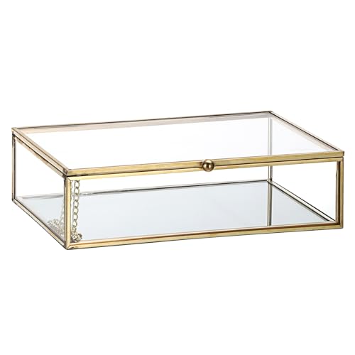 Hipiwe Glass Jewelry Display Box Gold Photo Organizer with Mirror Base Decorative Golden Box for Ring Earring Keepsake Makeup Treasure, 7.3 x 5.3 x 2 Inch - size: 7.3 x 5.3 x 2 Inch